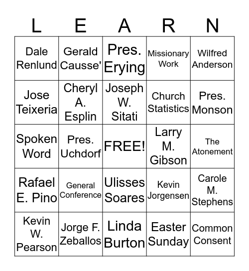 LDS Bingo  Bingo Card