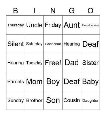 Days of the week Bingo Card