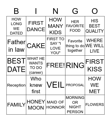 Wedding Bing Bingo Card