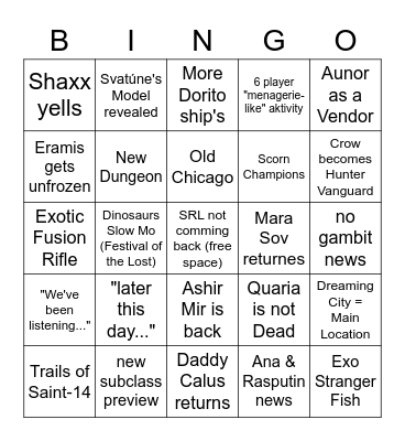 Bungo's ViDoc Bingo Card