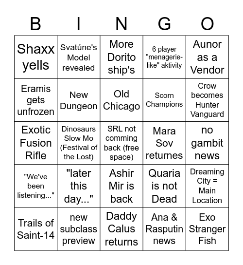 Bungo's ViDoc Bingo Card