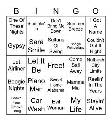 70's Hits Bingo Card