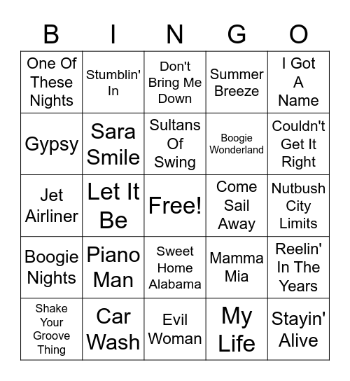 70's Hits Bingo Card