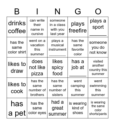 Classmate BINGO Card