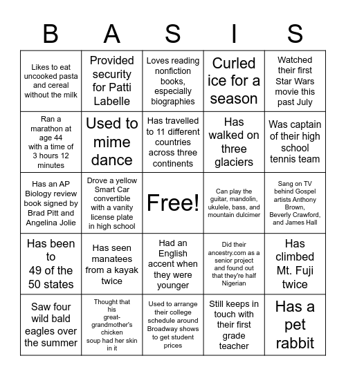 Faculty/Staff Bingo Card