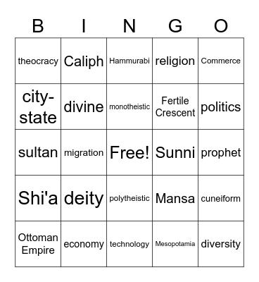 Middle East Bingo Card