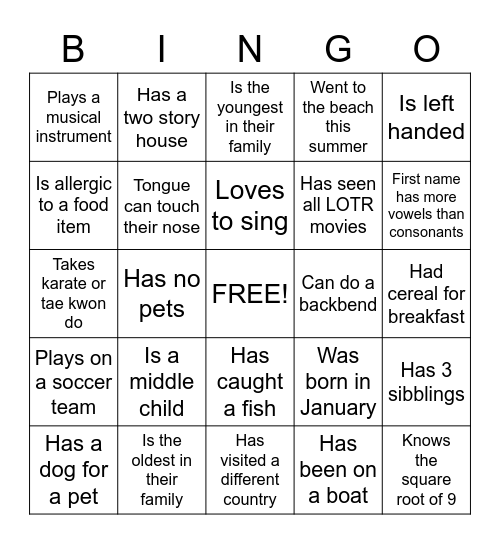 Get to know you Bingo Card