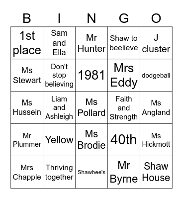 Everything Shaw House Bingo Card