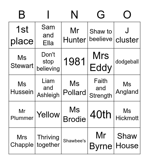 Everything Shaw House Bingo Card