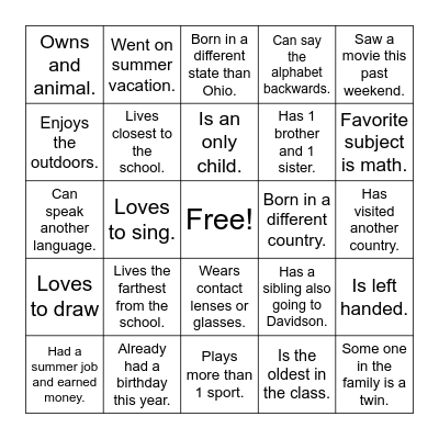 Getting to Know You Bingo Card