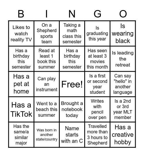 MLT Retreat 2021 Bingo Card