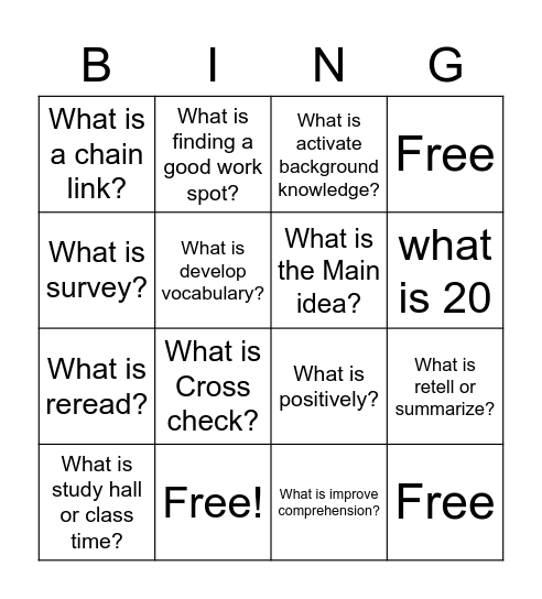 Reading Strategies Bingo Card