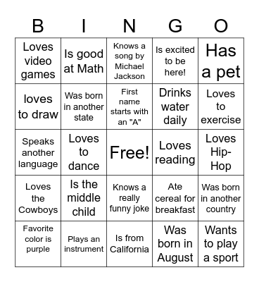 "Get to Know you" Bingo Card