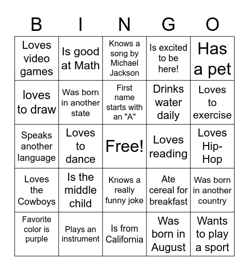 "Get to Know you" Bingo Card