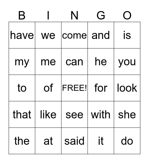 Kindergarten Word Wall Words Bingo Card