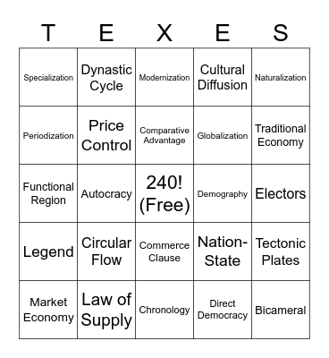 Social Studies Vocabulary Bingo Card