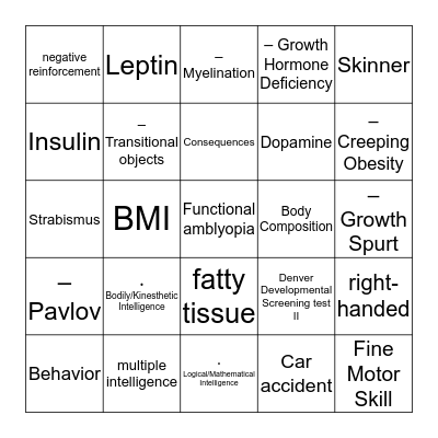 Physical Development Bingo Card