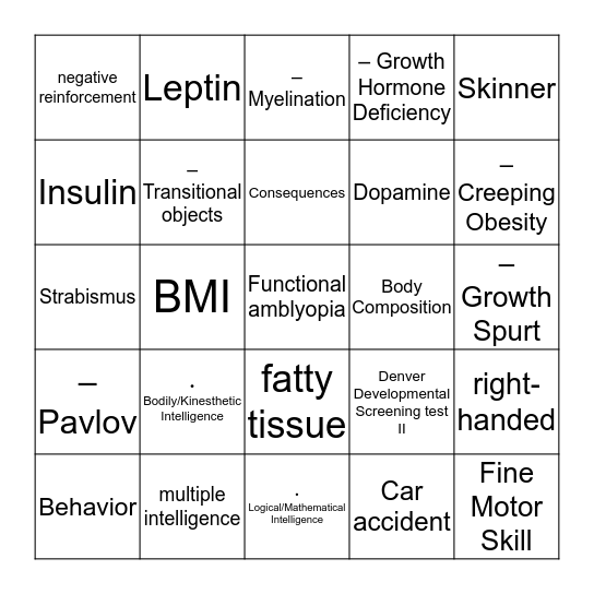 Physical Development Bingo Card