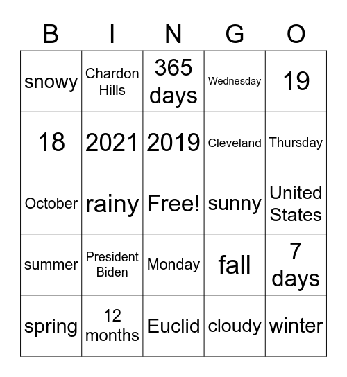 Calendar Bingo Card