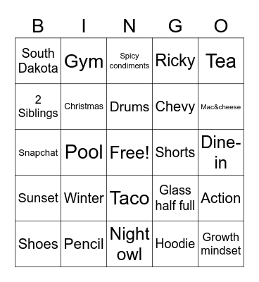 Personality Bingo Card