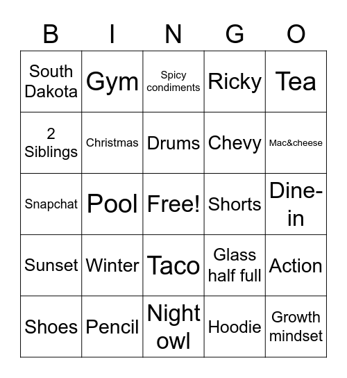Personality Bingo Card