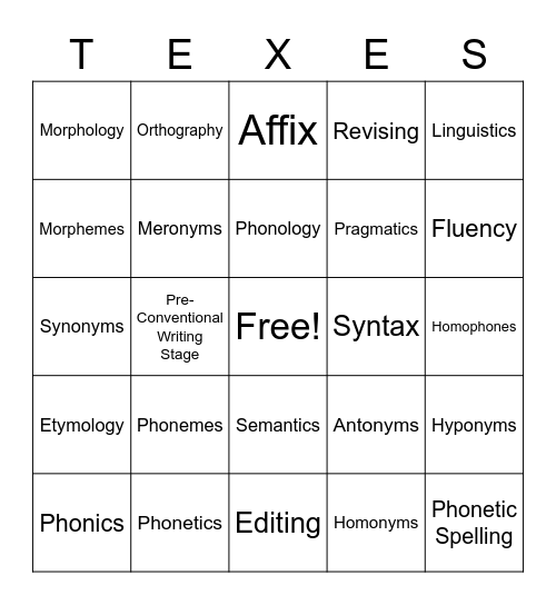 TExES English Arts & Reading Bingo Card