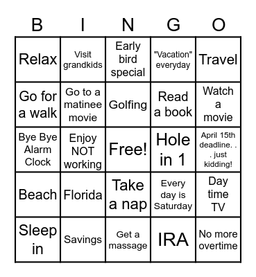 SandRetirement Bingo Card