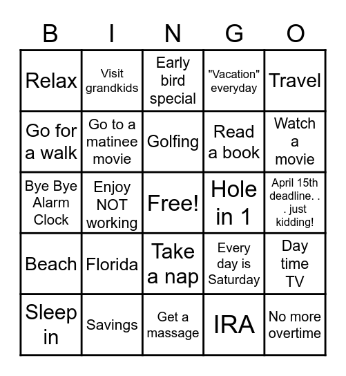 SandRetirement Bingo Card