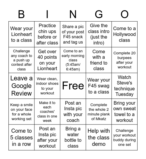 F45 Inglewood Bingo Card