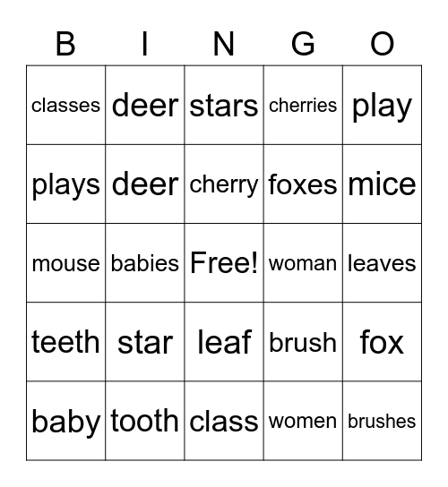 Singular & Plural Bingo Card