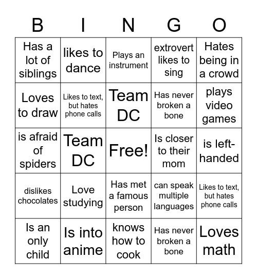 Get2KnowU Bingo Card