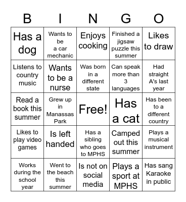 Meet Your Classmates BINGO Card