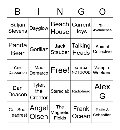 Sam Music Taste Bingo Card