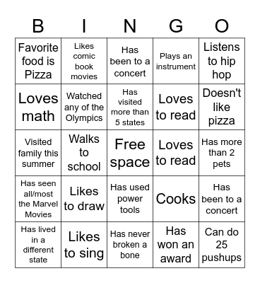 Middle School Bingo Card