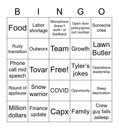 Outworx Meeting Bingo Card