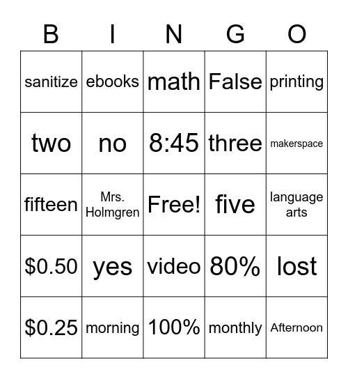 Library Orientation Bingo Card