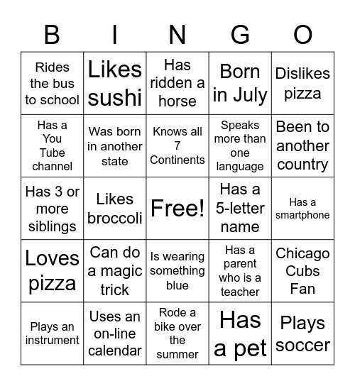 Get to Know Me Bingo Card