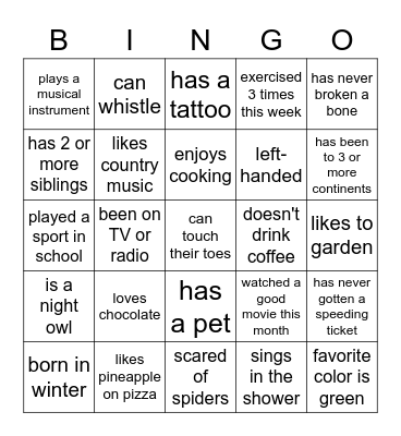 Get to Know You Bingo Card