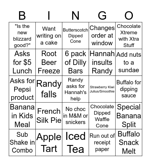 Dairy Queen Bingo Card