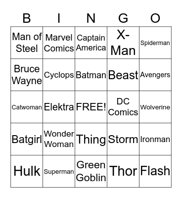 Superhero Bingo Card