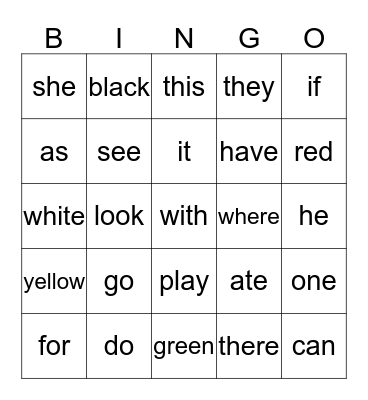 Kinder Sight Words Bingo Card