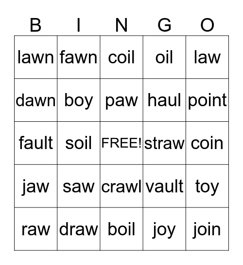 oi, oy, aw, au Bingo Card