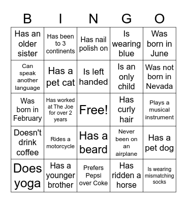 Human Scavenger Hunt Bingo Card