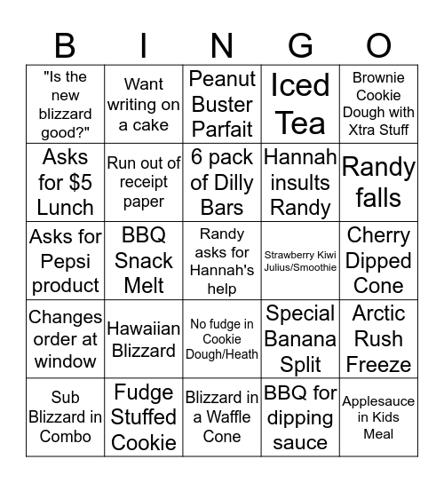 Dairy Queen Bingo Card