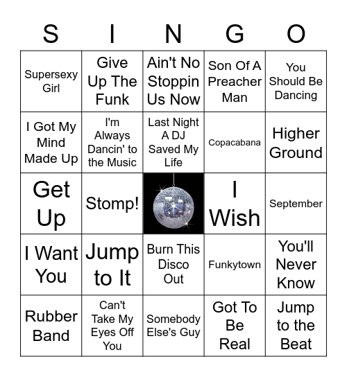Disco/Funk SINGO Bingo Card
