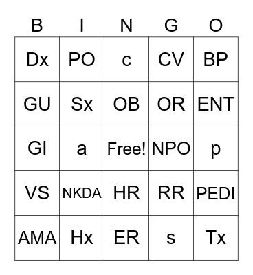 Medical Abbreviations Bingo Card