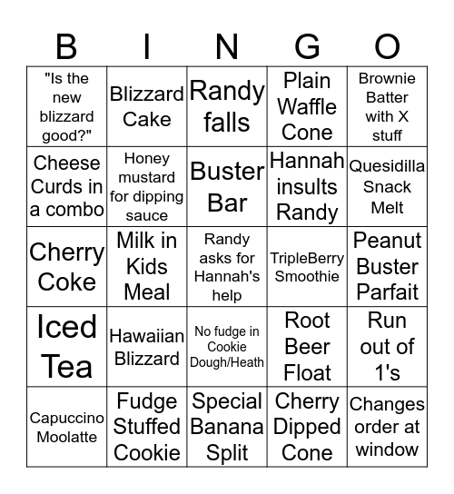 Dairy Queen Bingo Card