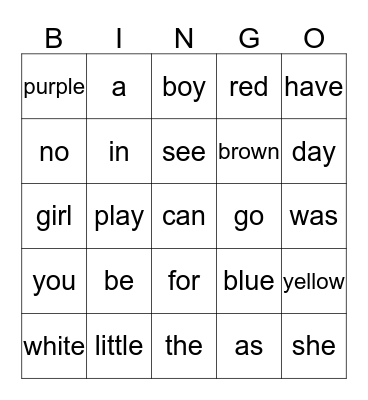 Kinder Sight Words Bingo Card