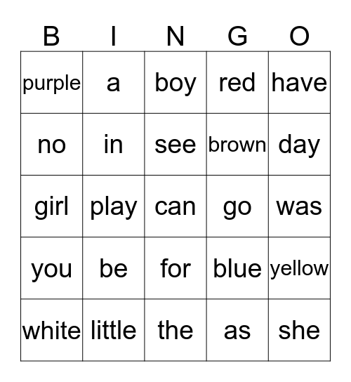 Kinder Sight Words Bingo Card