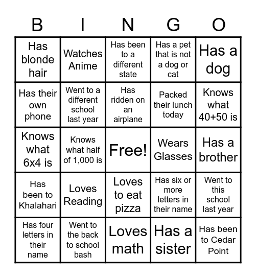Get to Know Your ClassMates! Bingo Card